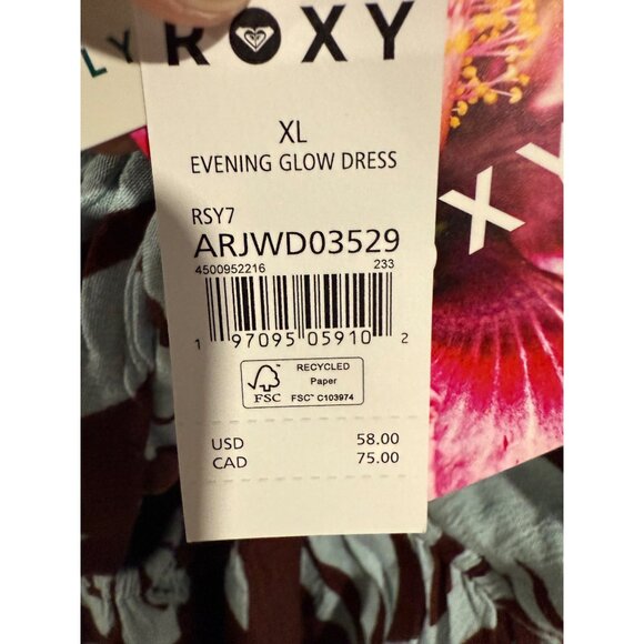 Roxy Evening Glow Dress XL Tropical Print Sundress Brown & Light Blue - Picture 3 of 5